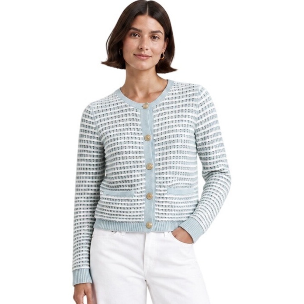 Rag & Bone Marlee Striped Open Knit Cardigan Ice Blue White Large Preppy
